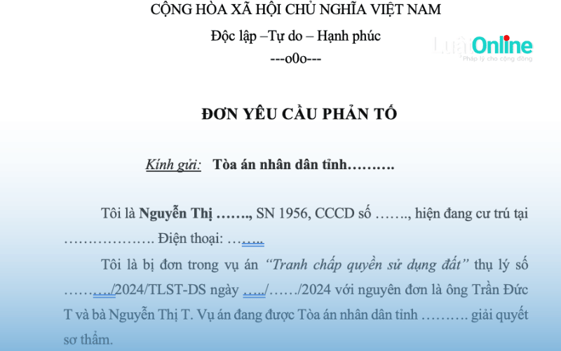 Mẫu đơn yêu cầu phản tố chuẩn nhất hiện nay