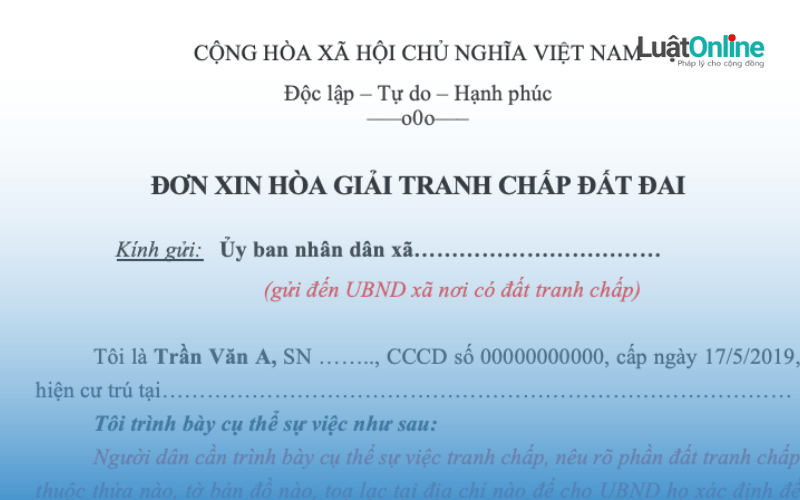 Mẫu đơn hoà giải tranh chấp đất đai mới chuẩn nhất