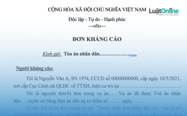 Mẫu đơn kháng cáo vụ án dân sự chuẩn