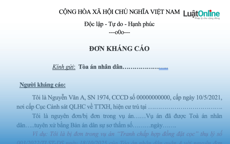 Mẫu đơn kháng cáo vụ án dân sự chuẩn