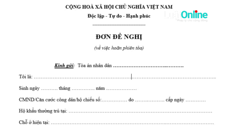 Mẫu đơn đề nghị hoãn phiên tòa