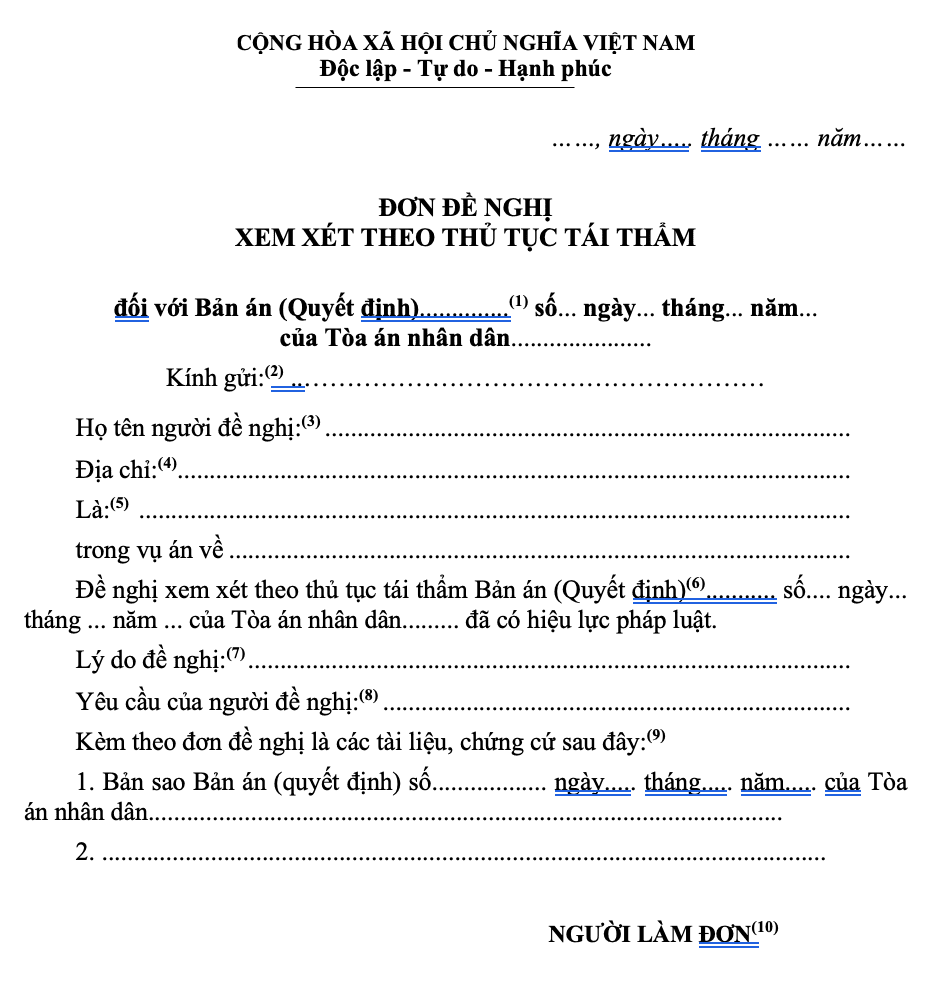 Mẫu đơn đề nghị xem xét thủ tục tái thẩm