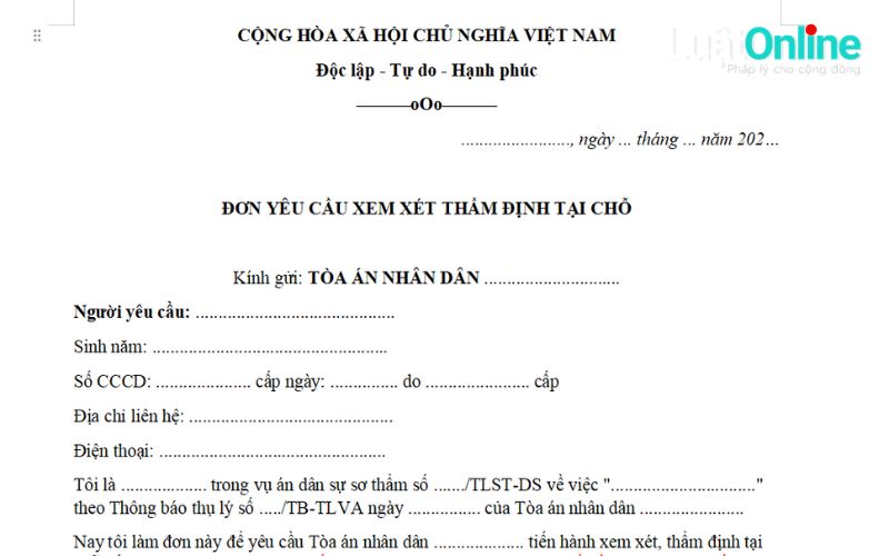 Mẫu đơn đề nghị xem xét thẩm định tại chỗ vụ án đất đai