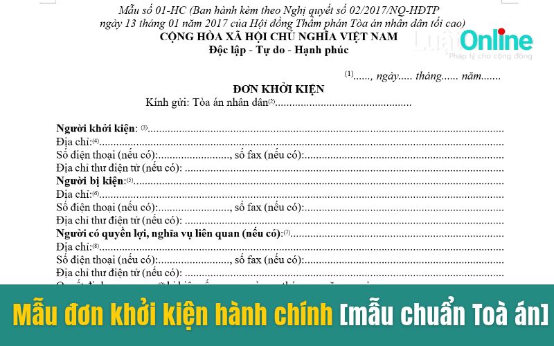 Mẫu đơn khởi kiện hành chính [Mẫu chuẩn Tòa án]